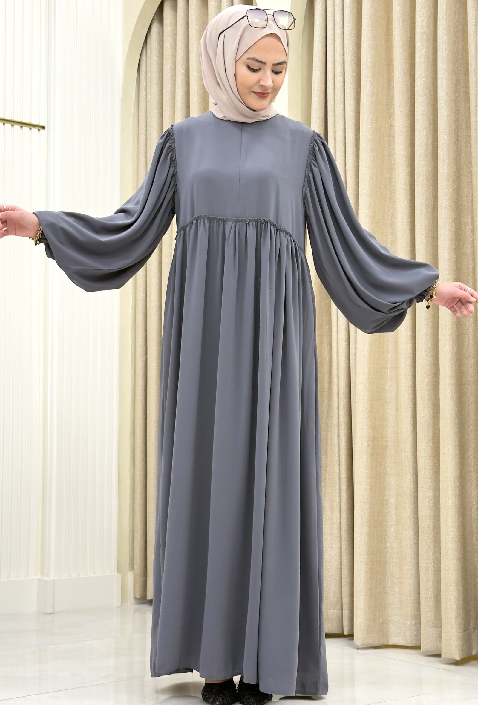 VOLAN KOL  ELBİSE GRİ 