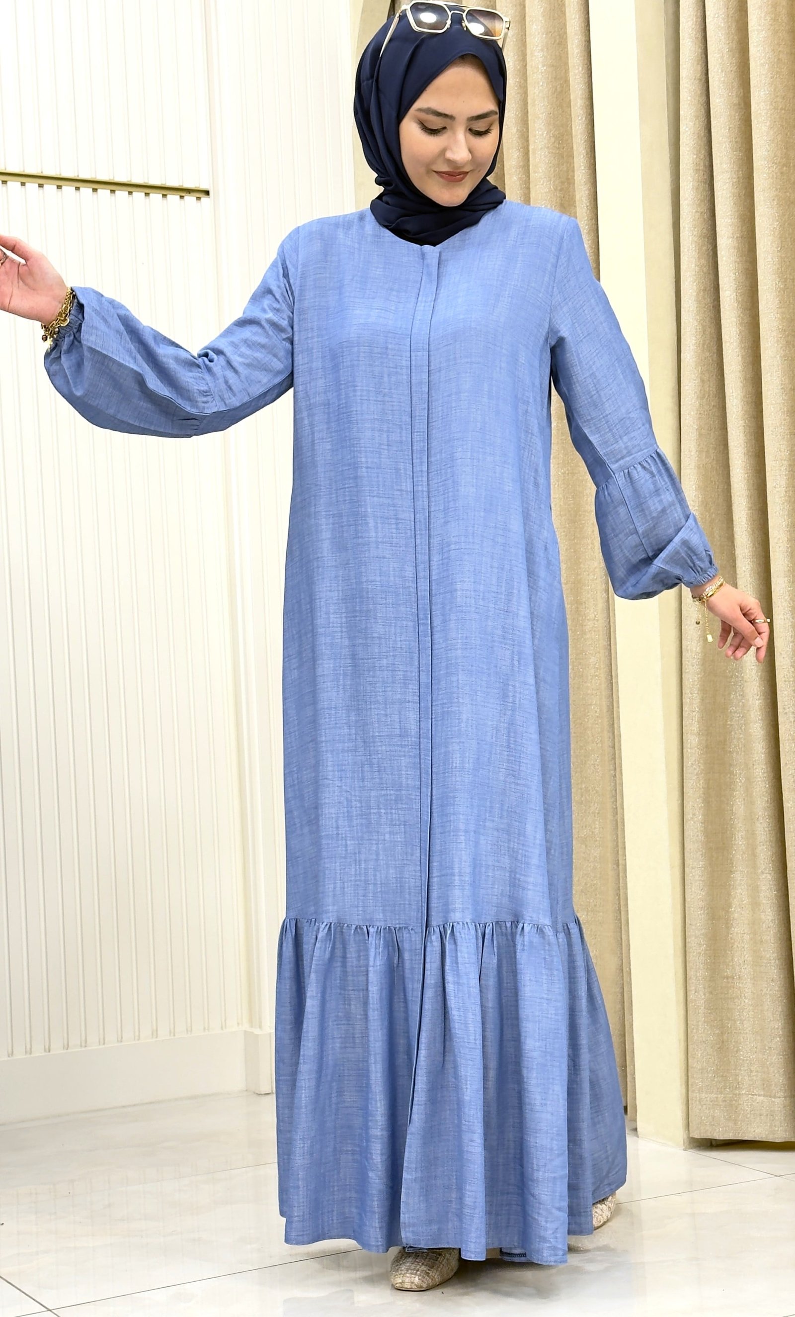 ETEĞİ FIRFIRLI  TENSEL KOT  BUZ MAVİSİ