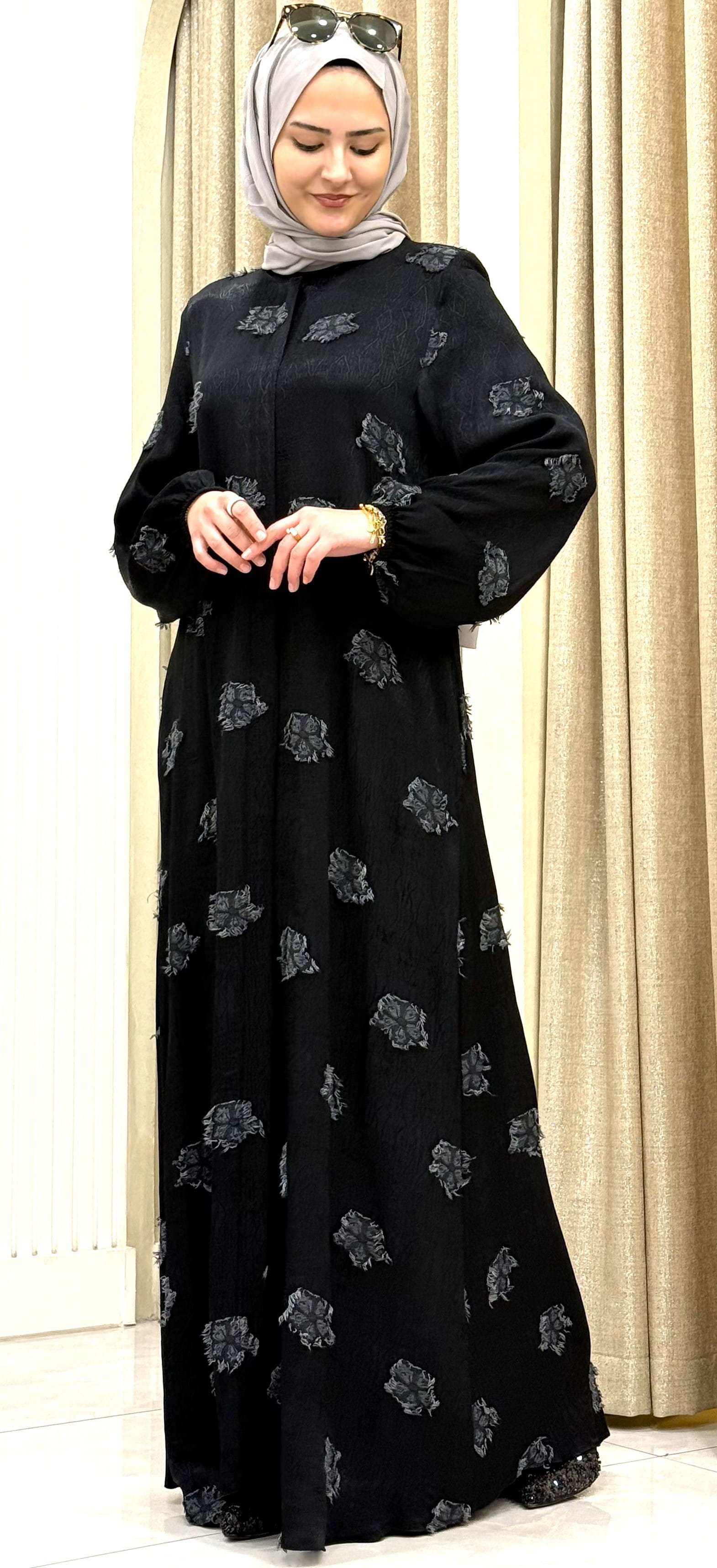 Kupra  İpek  Desenli  Boydan Gizli Fermuarlı Ferace  Tesettür Dış Giyim